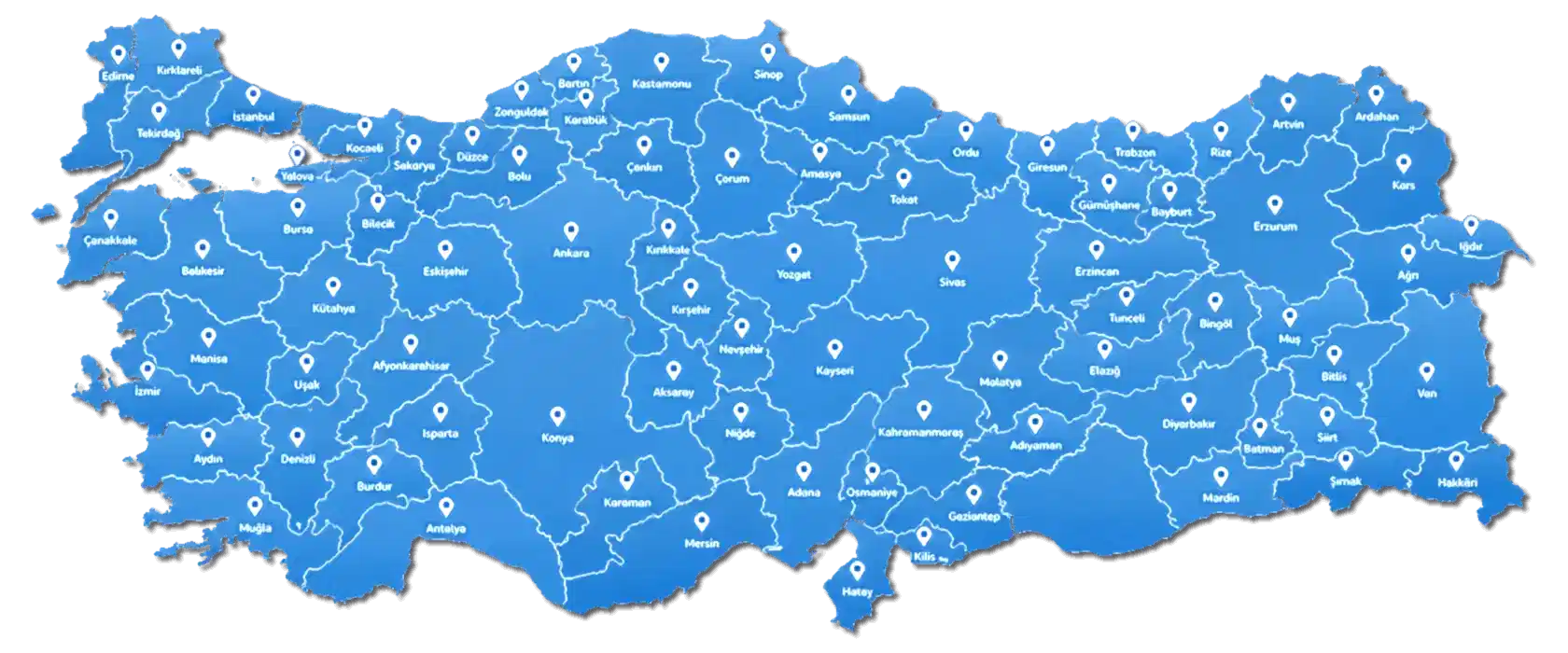 Türkiye'nin 81 ilini, il sınırlarını ve il adlarını gösteren harita
